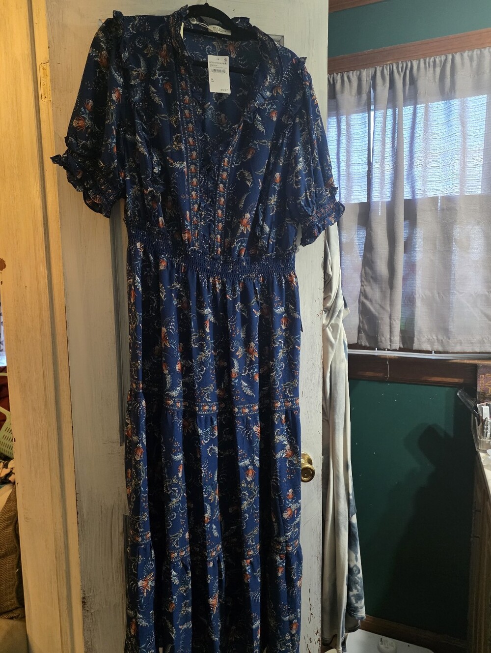 Max Studio Navy Blue Floral Maxi Dress with Orange Accents